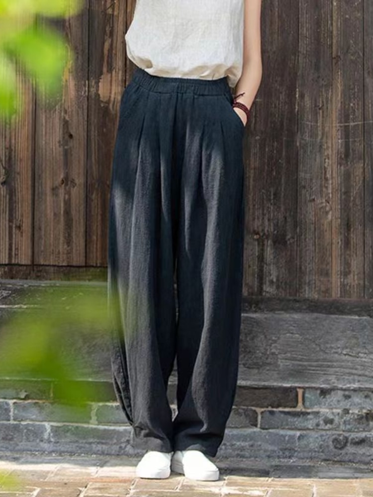 2023-Cotton-Hemp-Elegant-Woman-Trousers-Chinese-Style-Fashion-Trend-Baggy-Pants-Black-Vintage-Elastic-Waist-2
