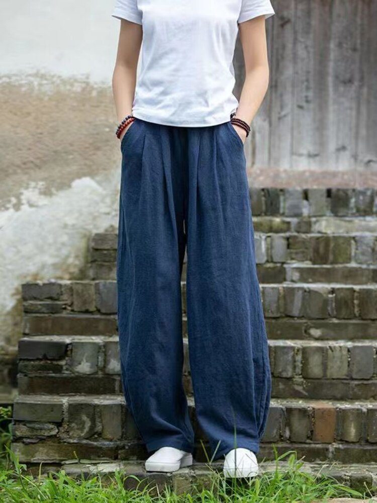2023-Cotton-Hemp-Elegant-Woman-Trousers-Chinese-Style-Fashion-Trend-Baggy-Pants-Black-Vintage-Elastic-Waist-3