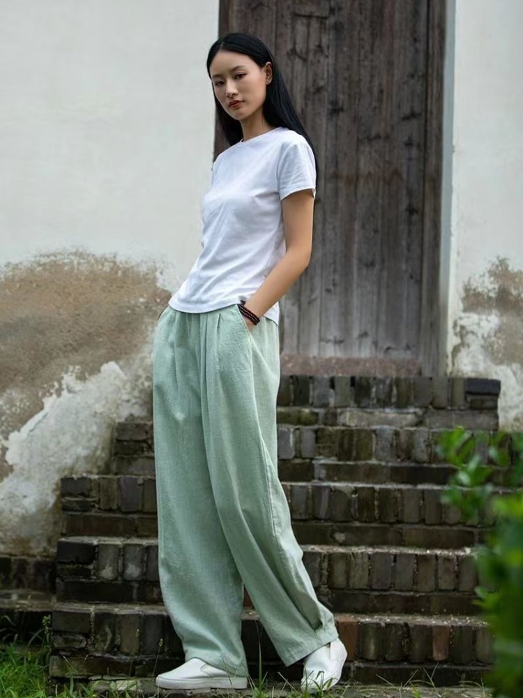 2023-Cotton-Hemp-Elegant-Woman-Trousers-Chinese-Style-Fashion-Trend-Baggy-Pants-Black-Vintage-Elastic-Waist-4
