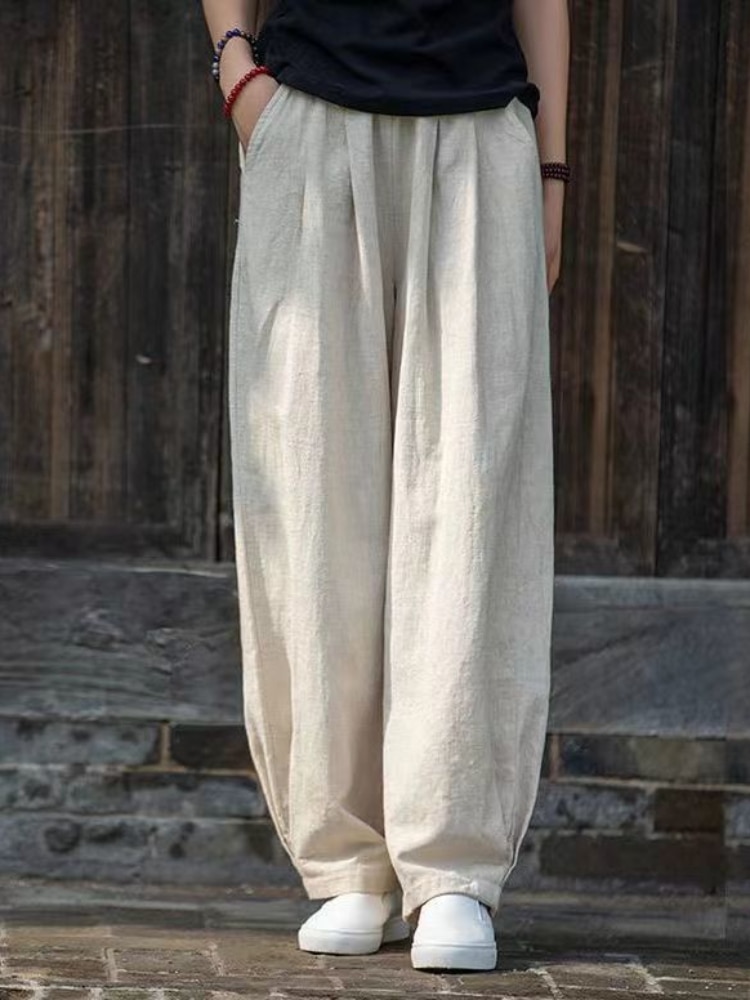 2023-Cotton-Hemp-Elegant-Woman-Trousers-Chinese-Style-Fashion-Trend-Baggy-Pants-Black-Vintage-Elastic-Waist