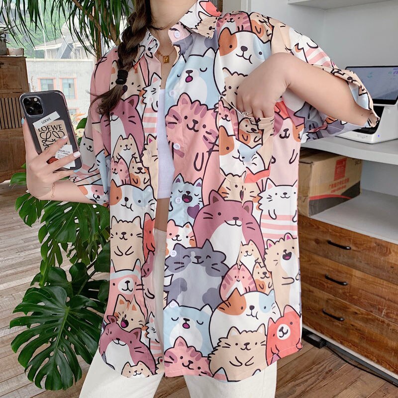 Deeptown-Kawaii-Button-Up-Shirt-Animal-Cat-Print-Blouse-Women-Japan-Style-2023-Summer-Hawaii-Graphic-1