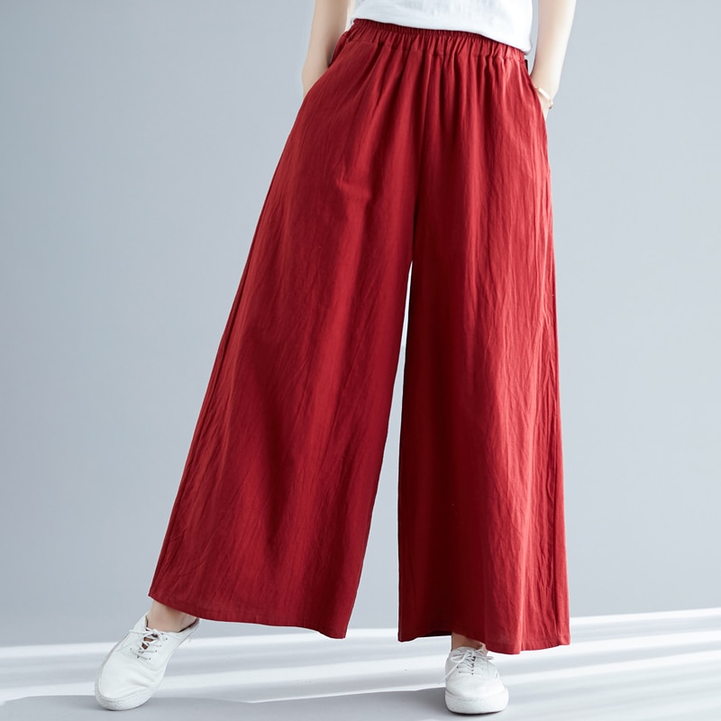New-Spring-Women-cotton-linen-pants-2023-Autunm-casual-wide-leg-pants-Plus-size-trousers-black