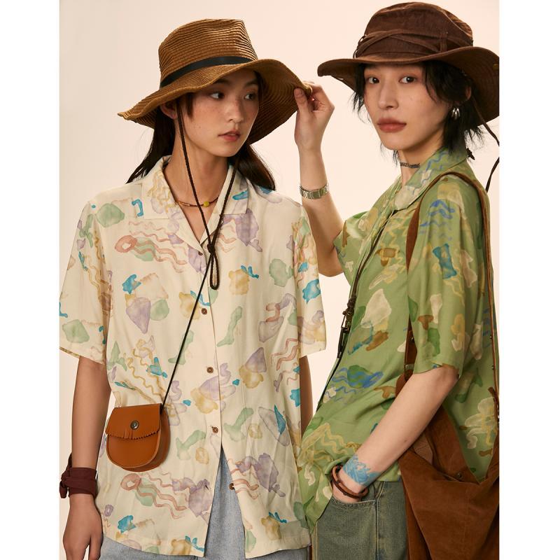Streetwear-Vintage-Green-Cartoon-Full-Print-Shirts-Cuba-Neck-Button-Up-Casual-Blouse-Summer-Kawaii-Tops