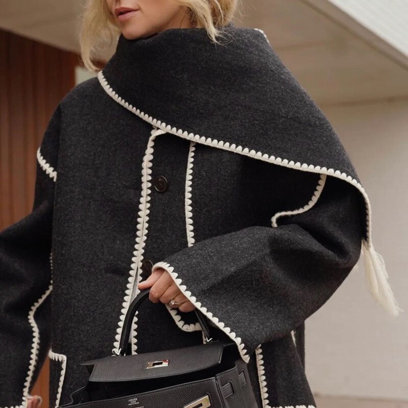 Women-Single-Breasted-Jacket-Autumn-Winter-Black-Scarf-Collar-Wool-Embroidery-White-Fringed-Cardigan-Female-Contrast