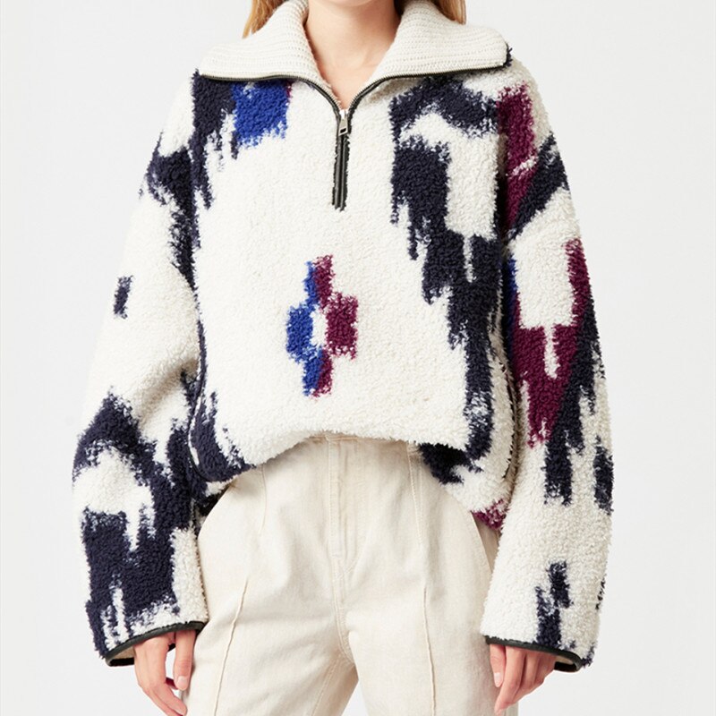 Women-Woolen-Coats-Half-Zipper-Printing-Turn-down-Collar-Loose-Long-Sleeve-Vintage-2022-Spring-Female